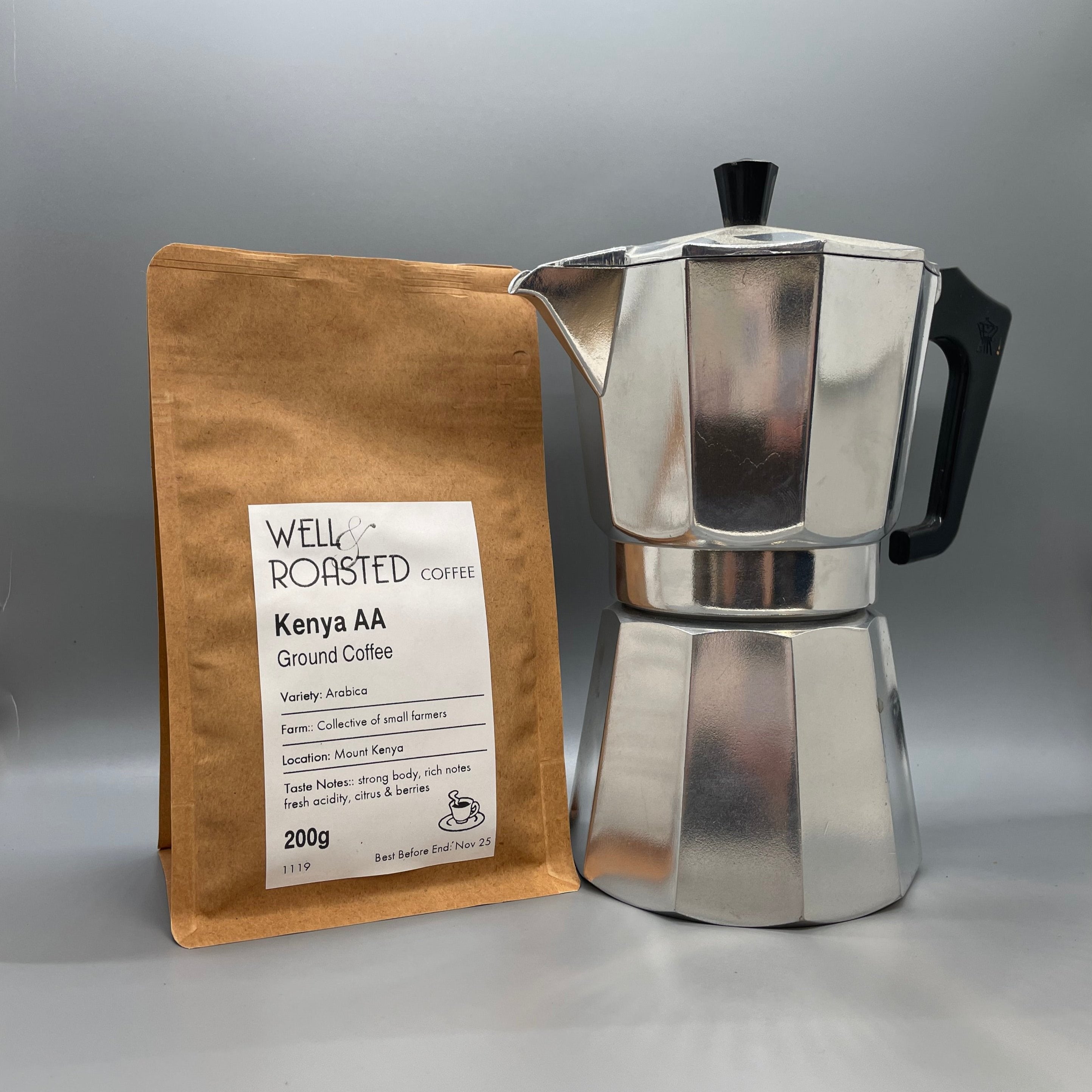 Italian Moka Pot Gift Set with a 200g bag of Well Roasted Coffee speciality coffee