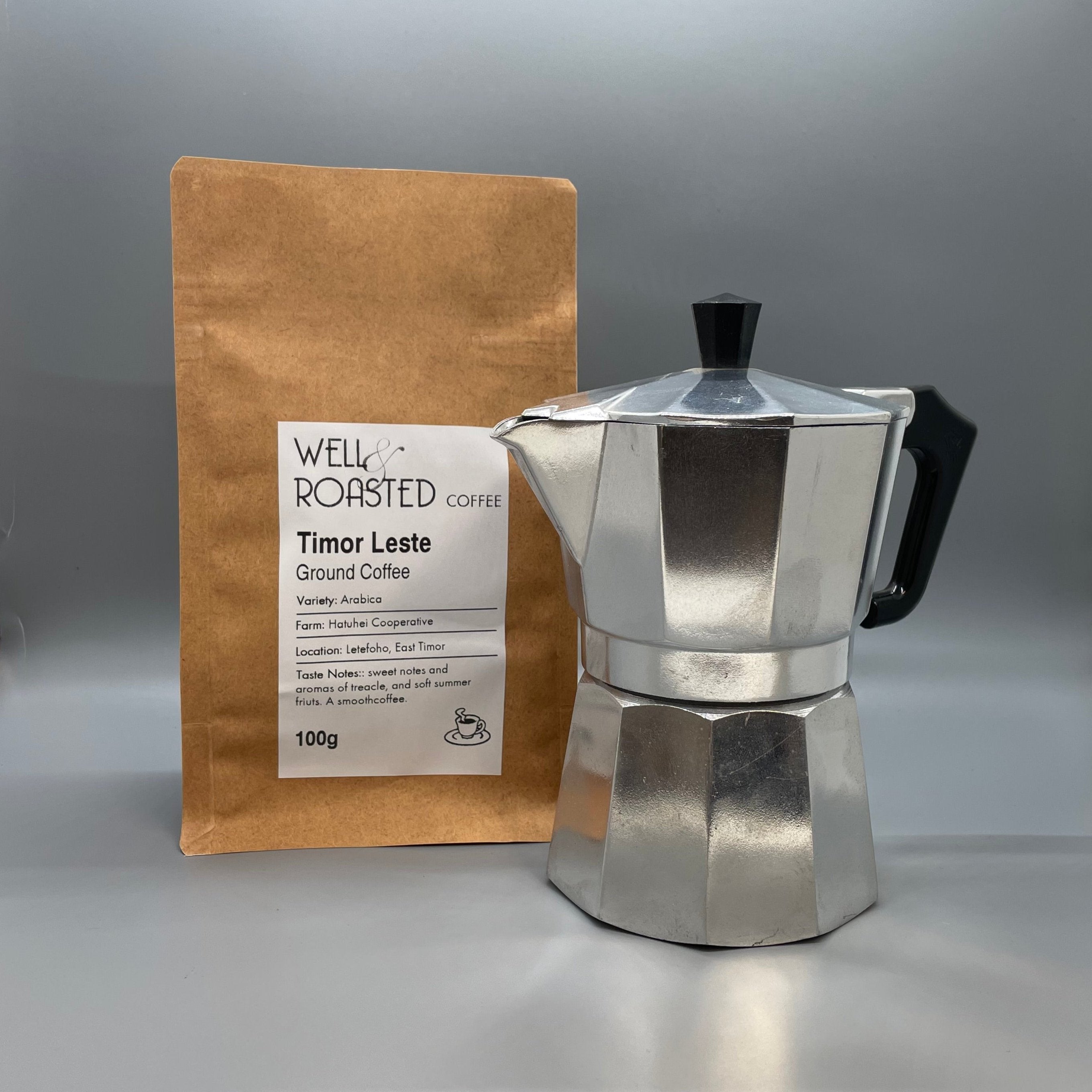 Italian Moka Pot Gift Set with a 100g bag of Well Roasted Coffee speciality coffee