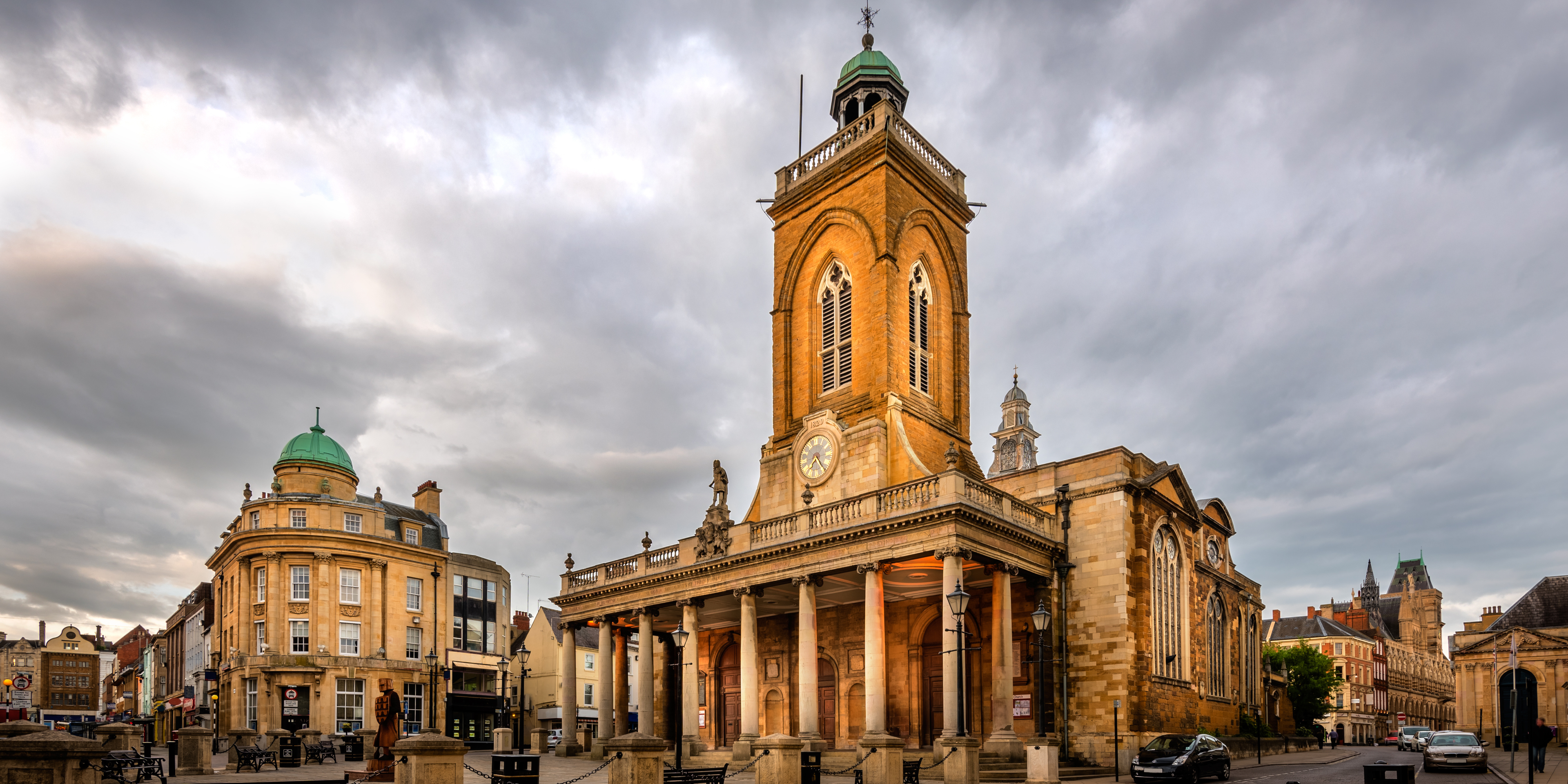 Historic church with a clock tower in Northampton town centre 