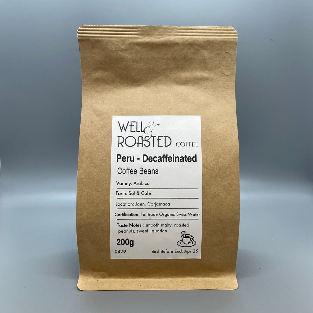 organic fairtrade Peru decaffeinated coffee bag - Well Roasted Coffee