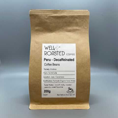 organic fairtrade Peru decaffeinated coffee bag - Well Roasted Coffee